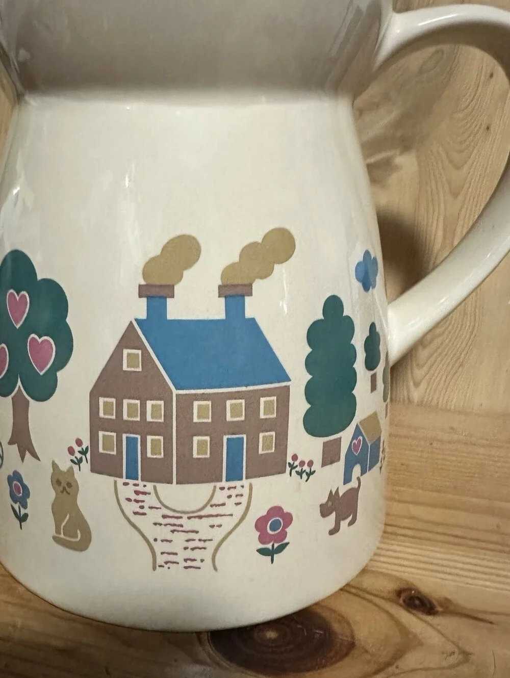 Vintage 80’s  Pitcher Farm House Kitsch Cottage Dog Cat Flower Pot Vermillion 6”